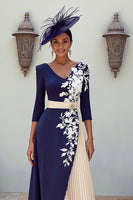 Load image into Gallery viewer, Navy V-Neck Floral Pleated MIdi Mother of the Bride Dress with Appliques