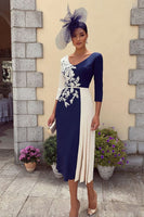 Load image into Gallery viewer, Navy Bodycon 3/4 Sleeves Midi Mother of the Bride Dress with Appliques