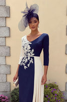 Load image into Gallery viewer, Navy Bodycon 3/4 Sleeves Midi Mother of the Bride Dress with Appliques