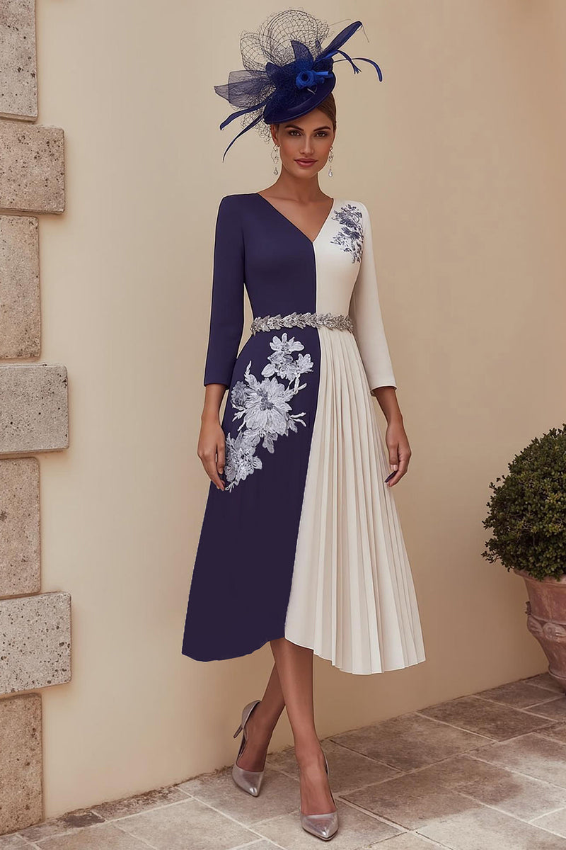 Load image into Gallery viewer, Navy V-Neck A Line Midi Mother of the Bride Dress with Appliques