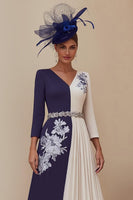 Load image into Gallery viewer, Navy V-Neck A Line Midi Mother of the Bride Dress with Appliques