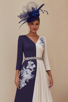 Navy V-Neck A Line Midi Mother of the Bride Dress with Appliques