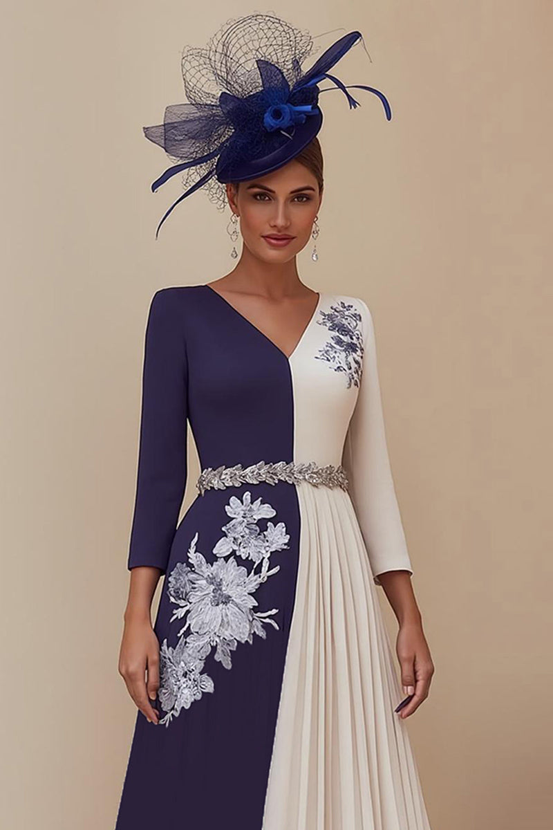 Load image into Gallery viewer, Navy V-Neck A Line Midi Mother of the Bride Dress with Appliques