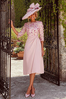Load image into Gallery viewer, Dusty Rose Ruched Crew Neck Midi Mother of the Bride Dress with Sleeves