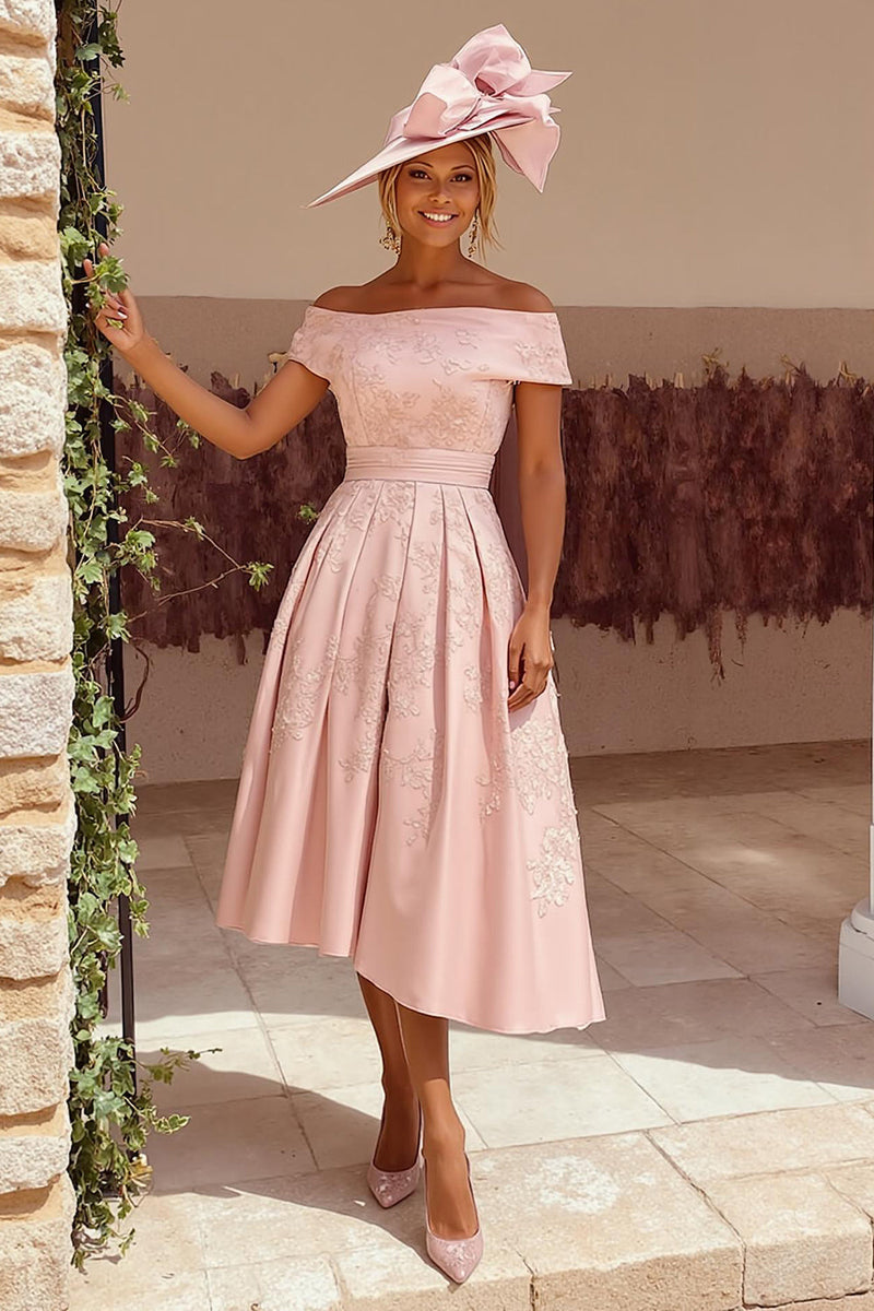 Load image into Gallery viewer, Dusty Rose A Line Floral Off the Shoulder Midi Mother of the Bride Dress