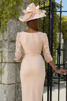 Load image into Gallery viewer, Bodycon Floral Dusty Rose Midi Mother of the Bride Dress with Sleeves