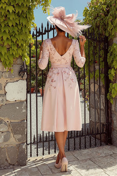 Dusty Rose A-Line Floral Midi Mother of the Bride Dress with Sleeves