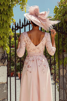 Load image into Gallery viewer, Dusty Rose A-Line Floral Midi Mother of the Bride Dress with Sleeves