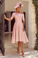 Load image into Gallery viewer, Dusty Rose One Shoulder Floral Midi Mother of the Bride Dress with Appliques