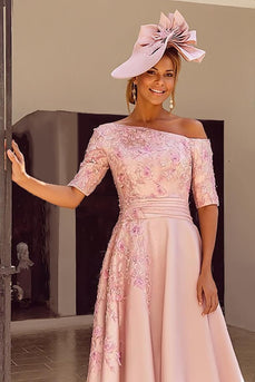 Dusty Rose One Shoulder Floral Midi Mother of the Bride Dress with Appliques