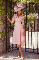 Load image into Gallery viewer, Dusty Rose V-Neck Floral A-Line Midi Mother of the Bride Dress with Sash