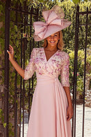 Load image into Gallery viewer, Dusty Rose V-Neck Floral A-Line Midi Mother of the Bride Dress with Sash