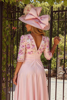 Load image into Gallery viewer, Dusty Rose V-Neck Floral A-Line Midi Mother of the Bride Dress with Sash