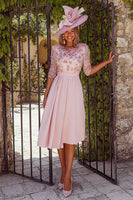 Load image into Gallery viewer, Dusty Rose Floral A Line Pleated Midi Mother of the Bride Dress with Sleeves