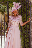 Load image into Gallery viewer, Dusty Rose Floral A Line Pleated Midi Mother of the Bride Dress with Sleeves