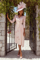 Load image into Gallery viewer, Dusty Rose Ruched V-Neck Floral Midi Mother of the Bride Dress