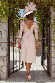 Dusty Rose Ruched V-Neck Floral Midi Mother of the Bride Dress