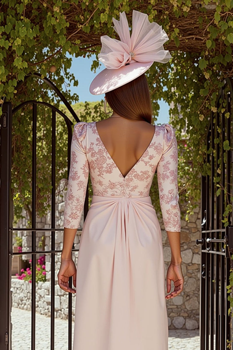 Load image into Gallery viewer, Dusty Rose Ruched V-Neck Floral Midi Mother of the Bride Dress