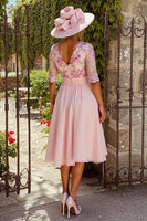 Load image into Gallery viewer, Dusty Rose A Line Floral Midi Mother of the Bride Dress with Sleeves