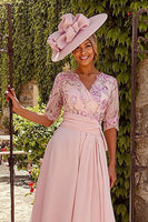 Load image into Gallery viewer, Dusty Rose A Line Floral Midi Mother of the Bride Dress with Sleeves