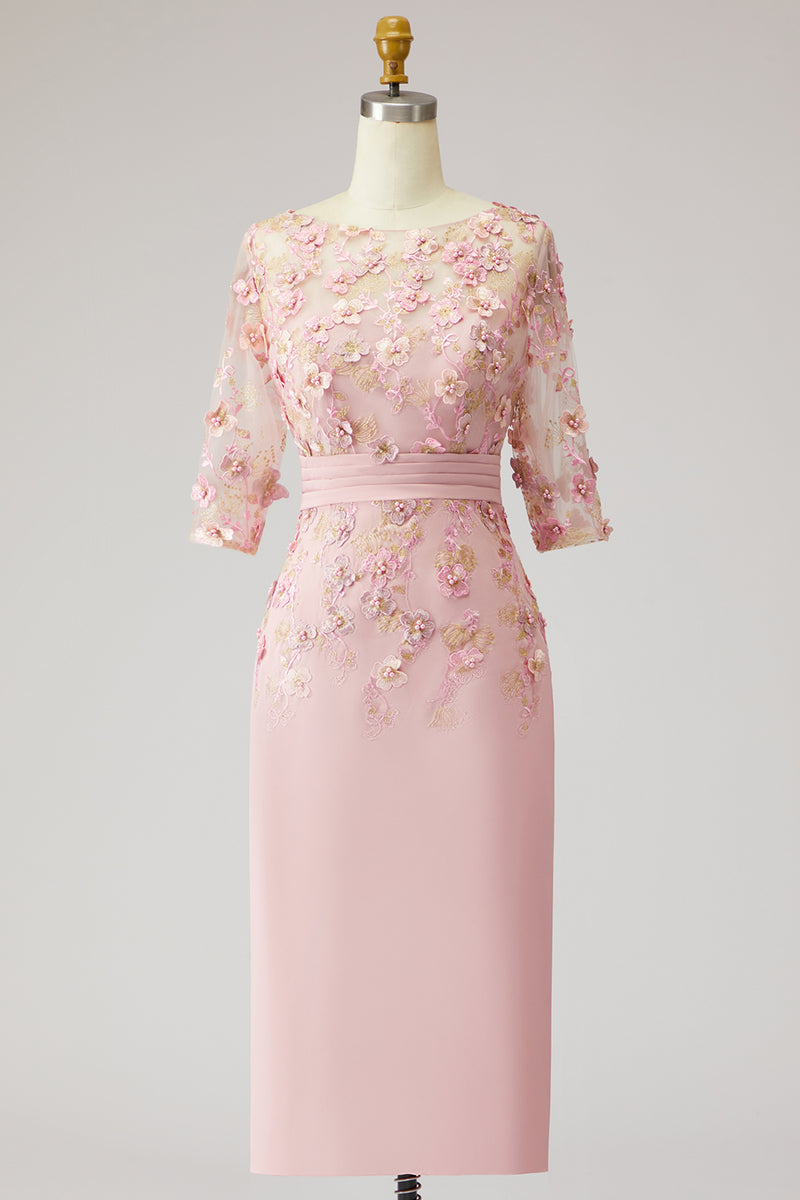 Load image into Gallery viewer, Dusty Rose Floral Boat Neck Midi Mother of the Bride Dress with Sleeves