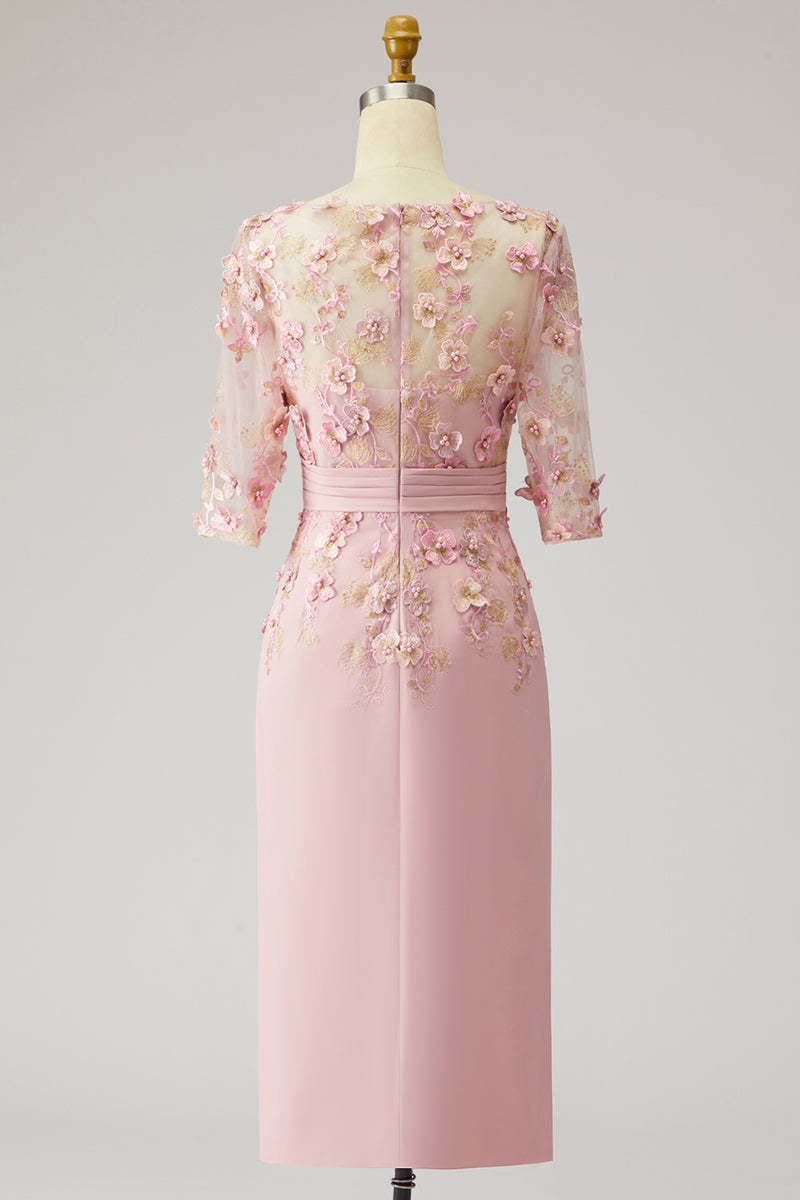 Load image into Gallery viewer, Dusty Rose Floral Boat Neck Midi Mother of the Bride Dress with Sleeves