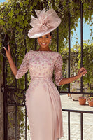 Load image into Gallery viewer, Dusty Rose Bodycon Floral Bateau Neck Midi Mother of the Bride Dress