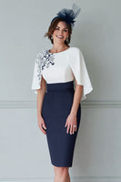 Load image into Gallery viewer, White and Navy Floral Bodycon Midi Mother of the Bride Dress