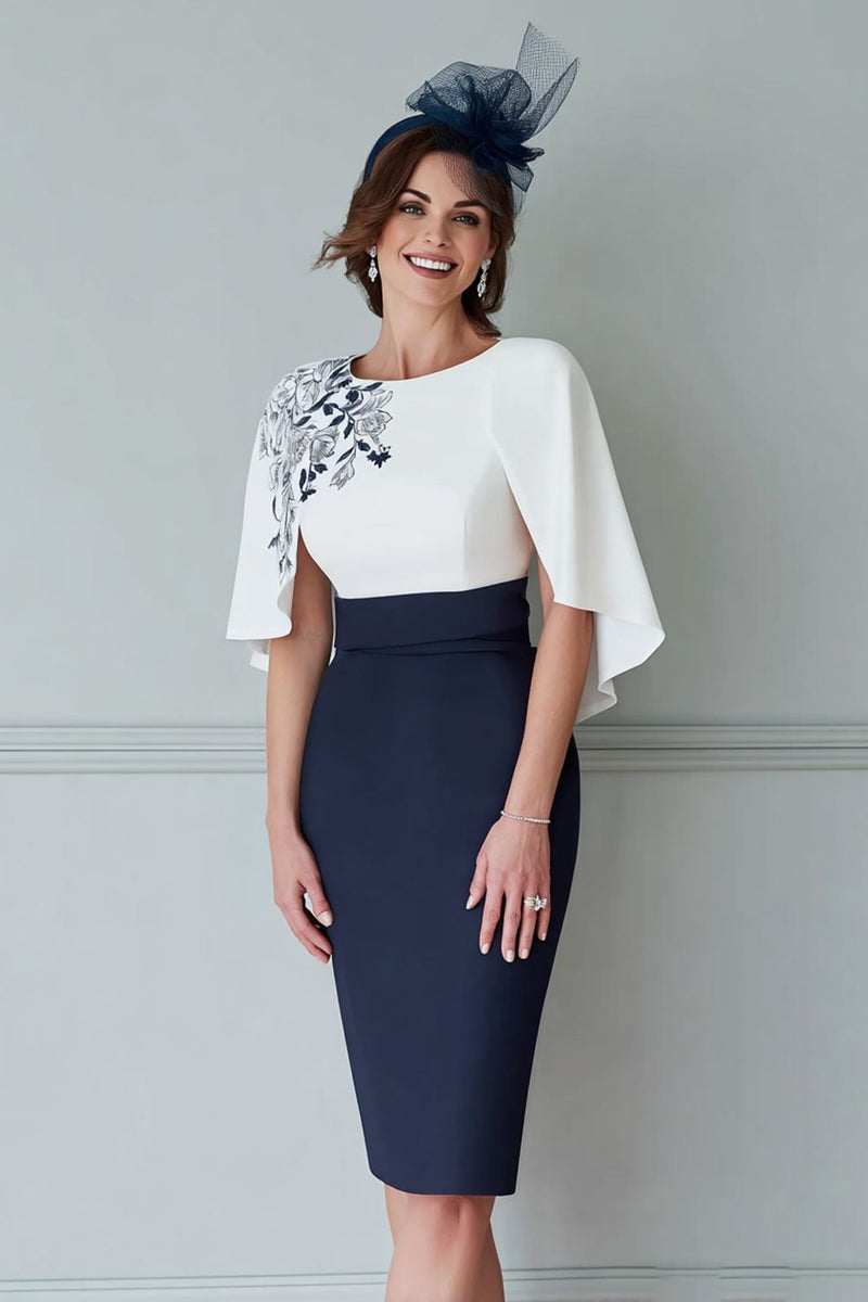 Load image into Gallery viewer, White and Navy Floral Bodycon Midi Mother of the Bride Dress