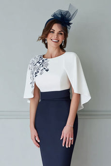 White and Navy Floral Bodycon Midi Mother of the Bride Dress
