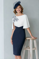 Load image into Gallery viewer, Bodycon White and Navy Midi Mother of the Bride Dress with Appliques