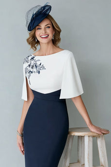 Bodycon White and Navy Midi Mother of the Bride Dress with Appliques