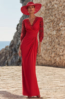 Load image into Gallery viewer, Red V-Neck Long Ruched Mother of the Bride Dress with Lace