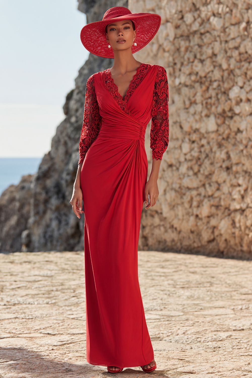 Red V-Neck Long Ruched Mother of the Bride Dress with Lace
