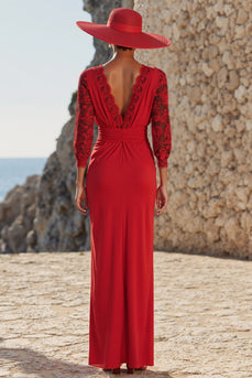 Red V-Neck Long Ruched Mother of the Bride Dress with Lace