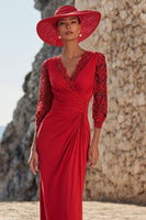 Load image into Gallery viewer, Red V-Neck Long Ruched Mother of the Bride Dress with Lace