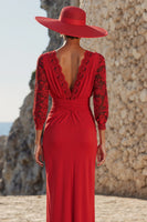 Load image into Gallery viewer, Red V-Neck Long Ruched Mother of the Bride Dress with Lace