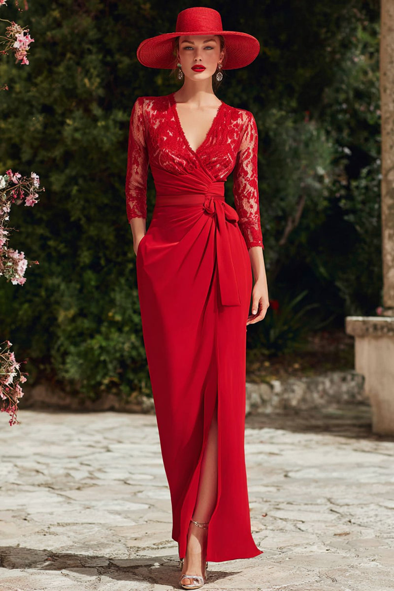 Load image into Gallery viewer, Red V-Neck Mermaid Lace Long Mother of the Bride Dress with Slit