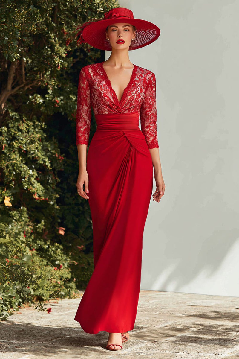 Load image into Gallery viewer, Red V-Neck Mermaid Long Lace Mother of the Bride Dress with Sleeves