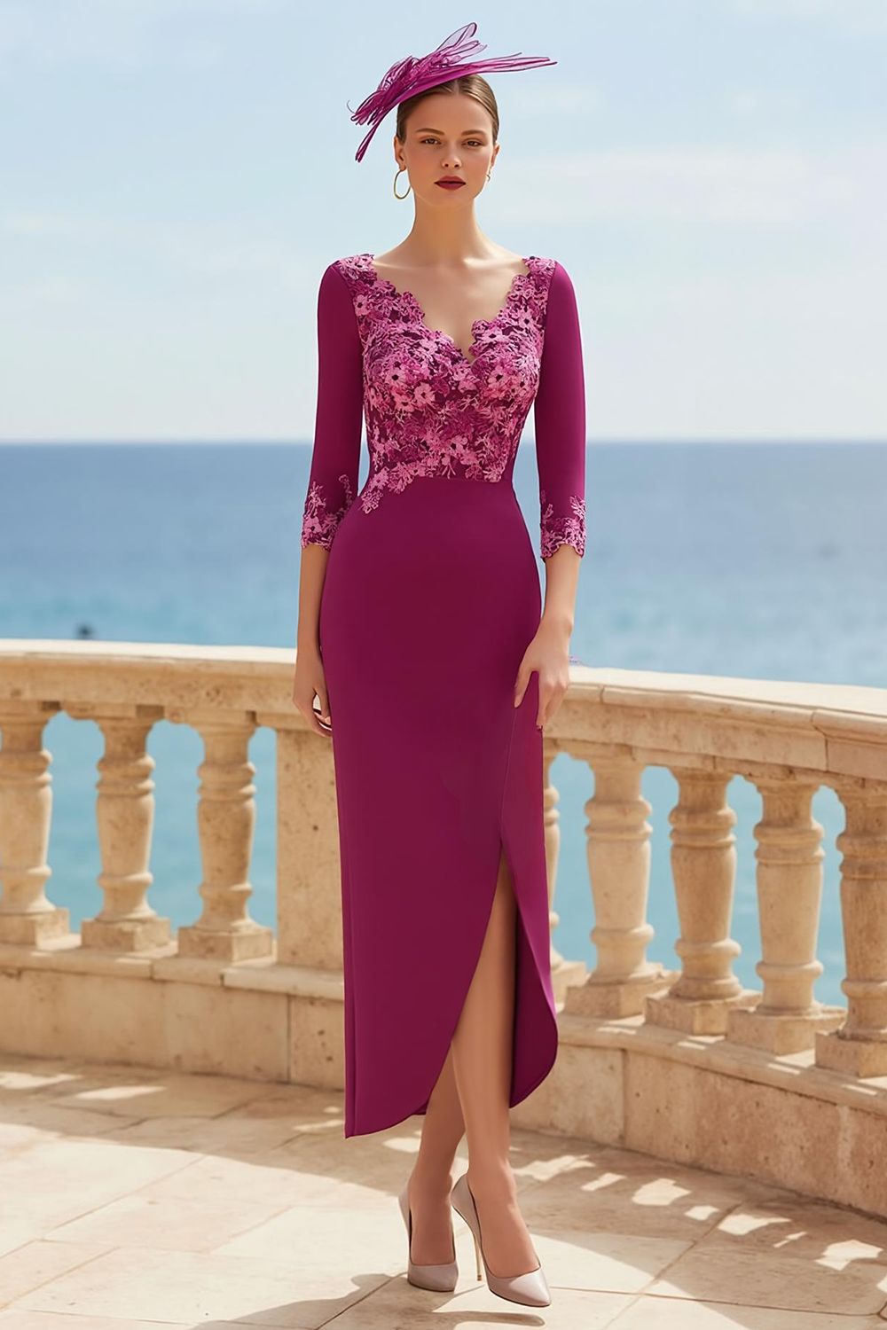 Fuchsia V-Neck Floral Appliqued Long Mother of the Bride Dress with Sleeves
