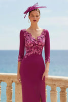 Load image into Gallery viewer, Fuchsia V-Neck Floral Appliqued Long Mother of the Bride Dress with Sleeves