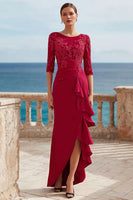 Load image into Gallery viewer, Dark Red Appliqued Long Ruffled Mother of the Bride Dress with Slit