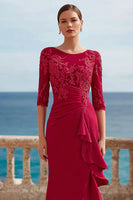 Load image into Gallery viewer, Dark Red Appliqued Long Ruffled Mother of the Bride Dress with Slit