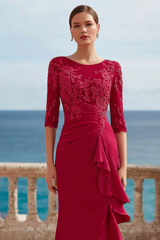 Dark Red Appliqued Long Ruffled Mother of the Bride Dress with Slit