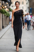Load image into Gallery viewer, Black Sheath One Shoulder Long Mother of the Bride Dress with Lace