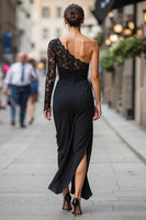 Load image into Gallery viewer, Black Sheath One Shoulder Long Mother of the Bride Dress with Lace