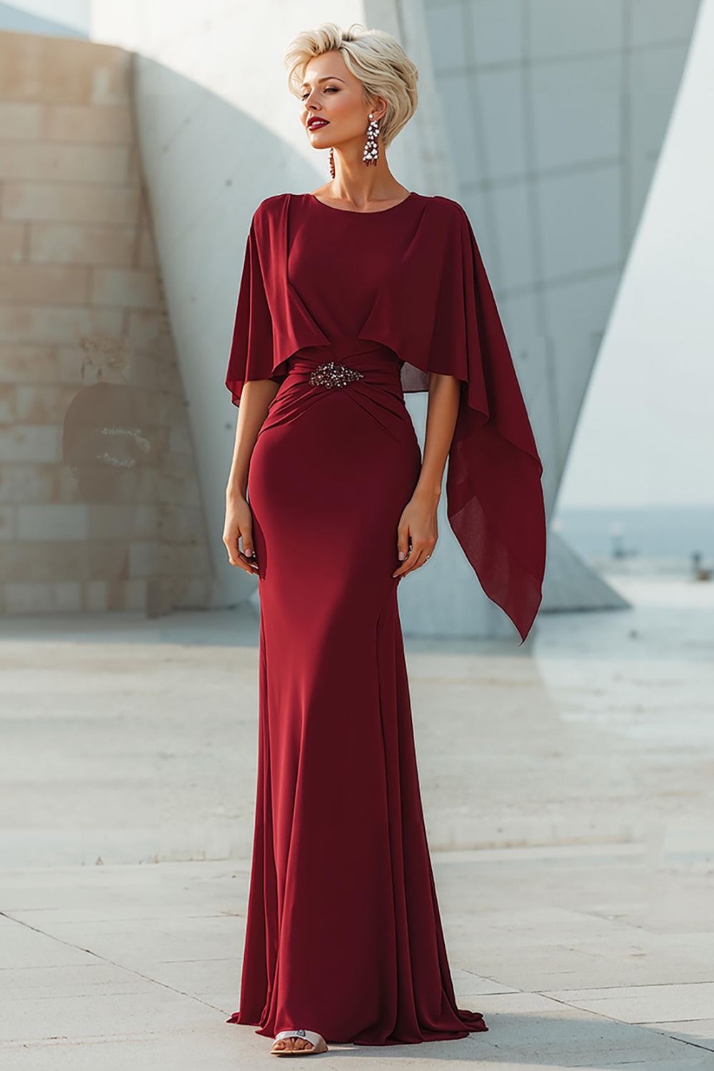 Sparkly Burgundy Long Mermaid Mother of the Bride Dress with Cape