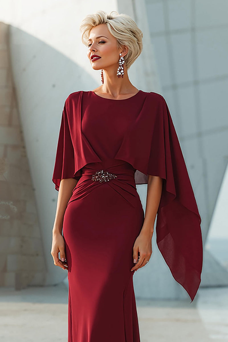 Load image into Gallery viewer, Sparkly Burgundy Long Mermaid Mother of the Bride Dress with Cape