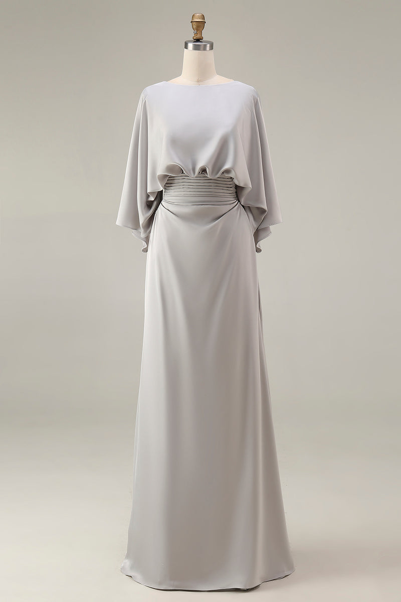 Queendancer Women Silver Maxi Mother of the Bride Dress with Sleeves Satin Boat Neck Ruched Mermaid Wedding Guest Dress with Pockets queendanceruk Queendancer Women Silver Maxi Mother of the Bride Dress with Sleeves Satin Boat Neck Ruched Mermaid Wedding Guest Dress with Pockets queendanceruk
