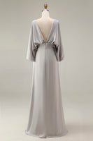 Load image into Gallery viewer, Silver Satin Long Mermaid Mother of the Bride Dress with Sleeves